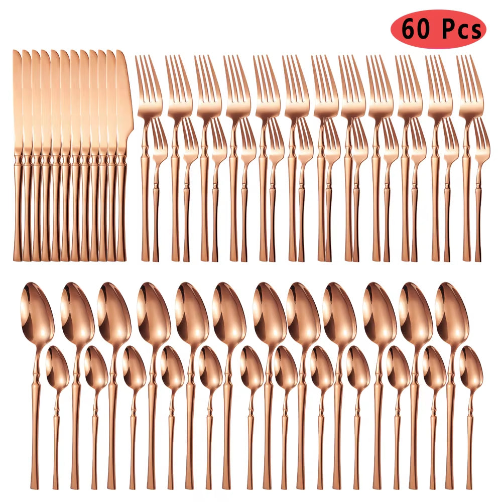 60Pcs Gold Dinnerware Set Stainless Steel Tableware Knife Tea Fork Coffee Spoon Dinner Cutlery Flatware Dishwasher Safe