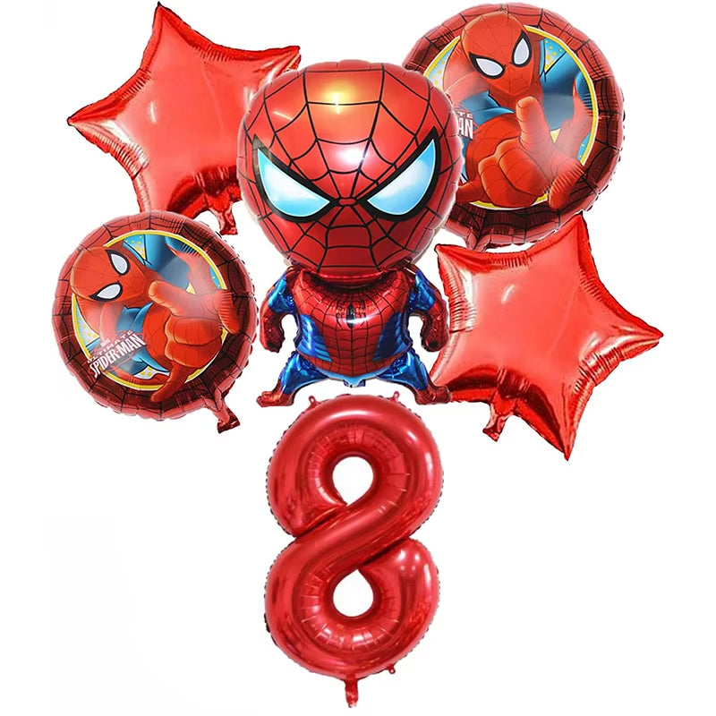 6 Pcs Spiderman Foil Balloon Set 32Inch Red Digit 1-9 Years Old Baby Shower Superhero