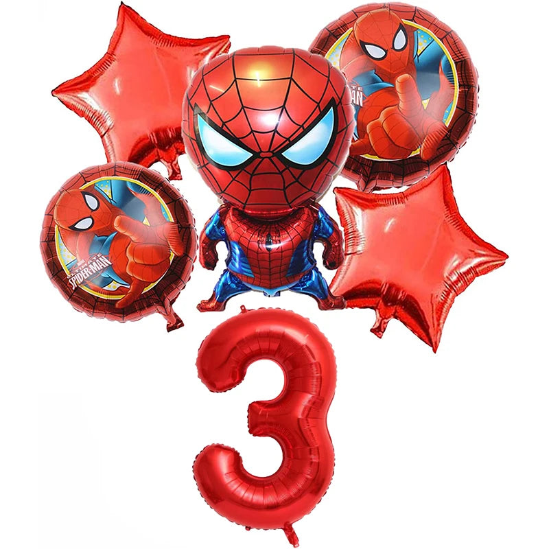 6 Pcs Spiderman Foil Balloon Set 32Inch Red Digit 1-9 Years Old Baby Shower Superhero