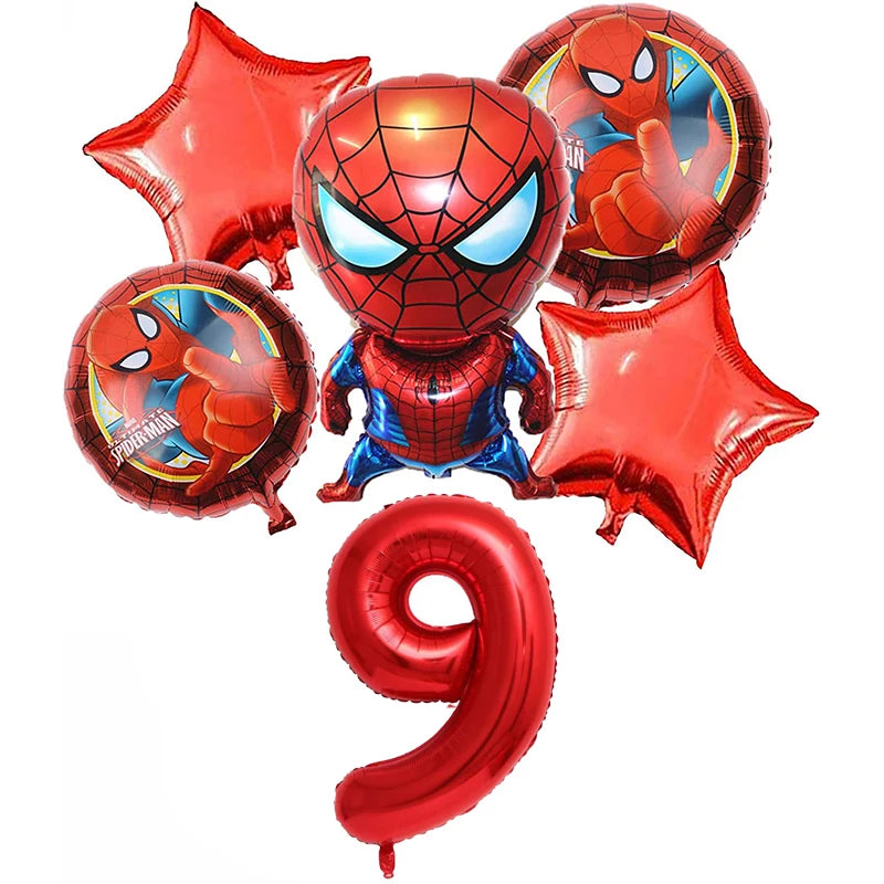 6 Pcs Spiderman Foil Balloon Set 32Inch Red Digit 1-9 Years Old Baby Shower Superhero