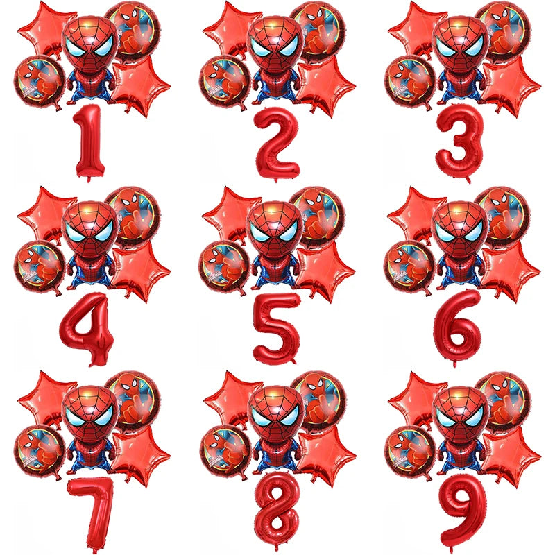 6 Pcs Spiderman Foil Balloon Set 32Inch Red Digit 1-9 Years Old Baby Shower Superhero