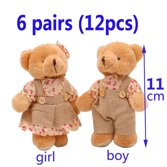 12Pcs 6 Pair 11Cm Small Teddy Bear Plush Toys Kid Wedding Bridal Gift Party Mini Anime Pendant Valentine'S Day Key Chain Dolls